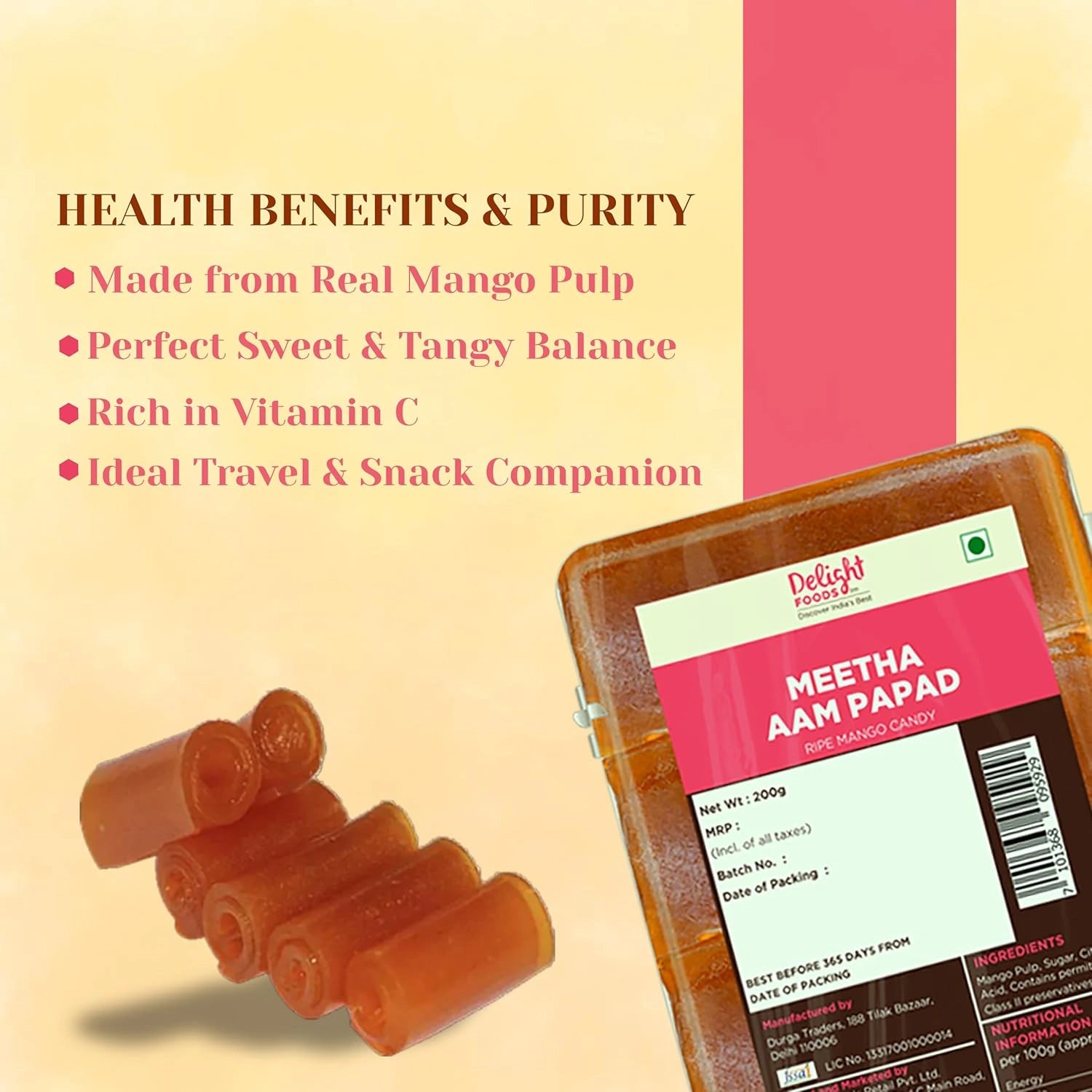 Packaged Meetha Aam Papad with health benefits text on a beige background