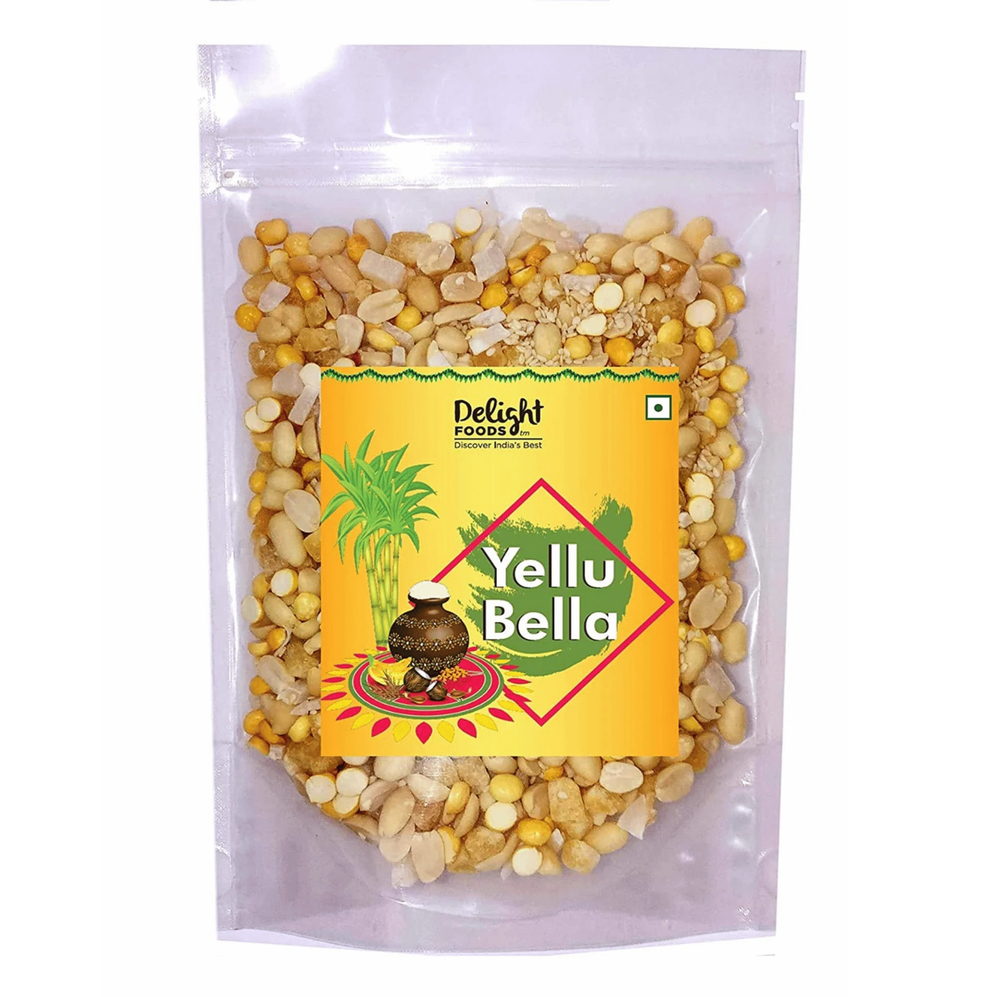 Packaged snack mix with 'Yellu Bella' label on a white background