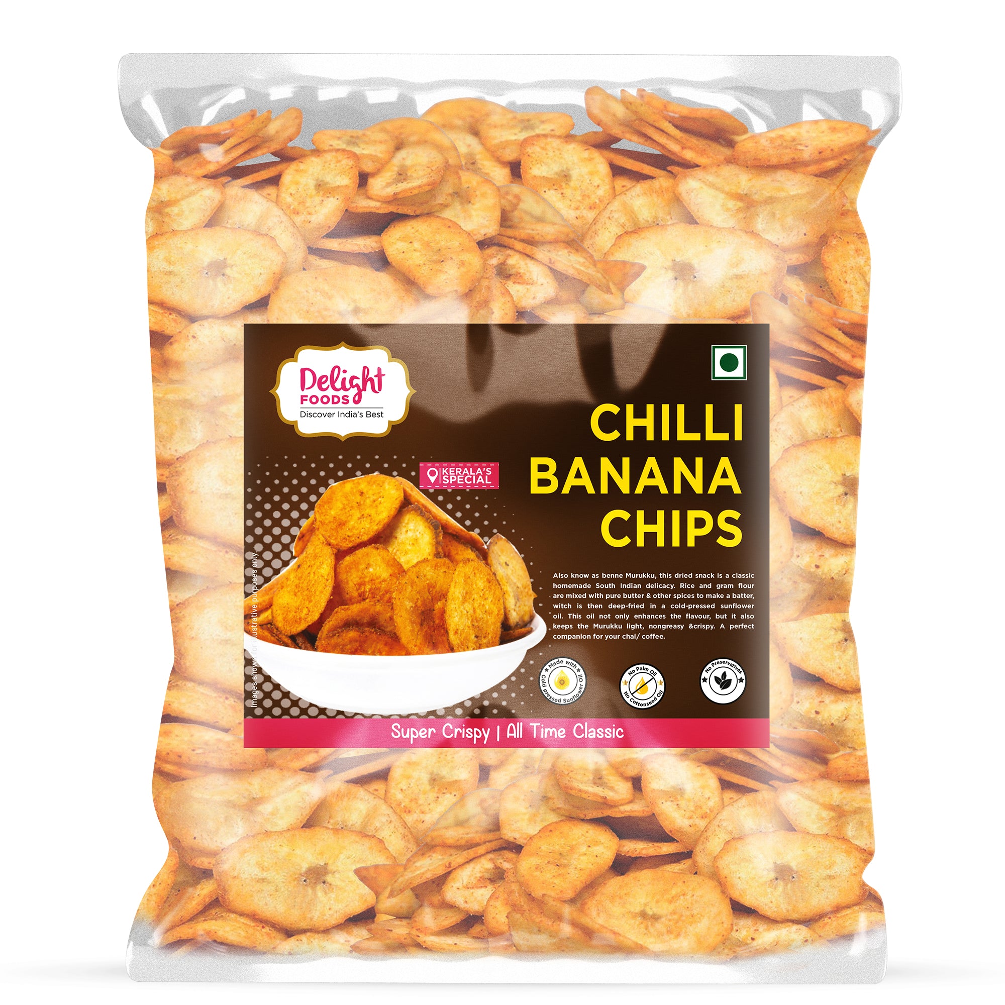 Packaged Chilli Banana Chips with Delight Foods label