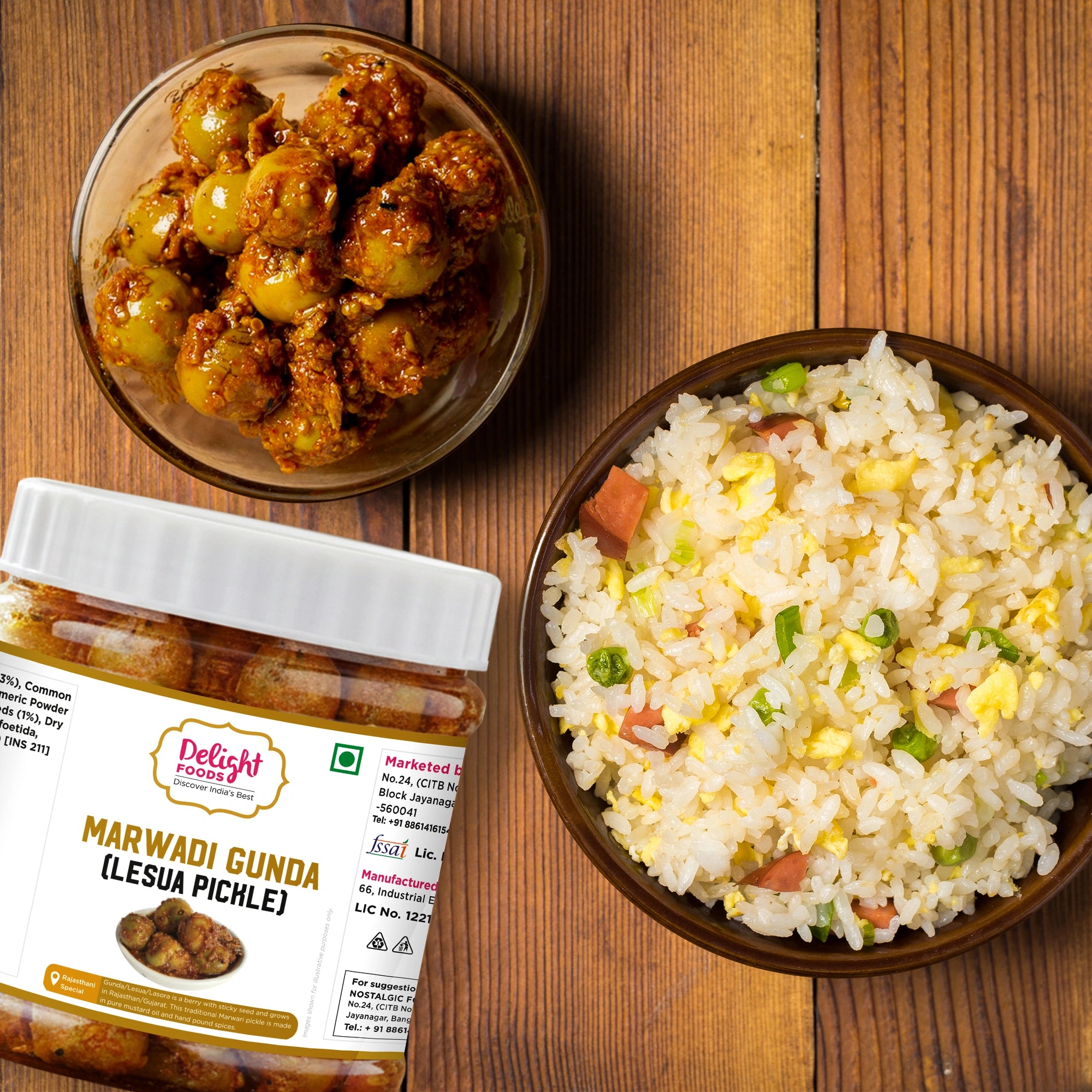 Two bowls of food and a jar labeled 'Delight Food' on a wooden surface