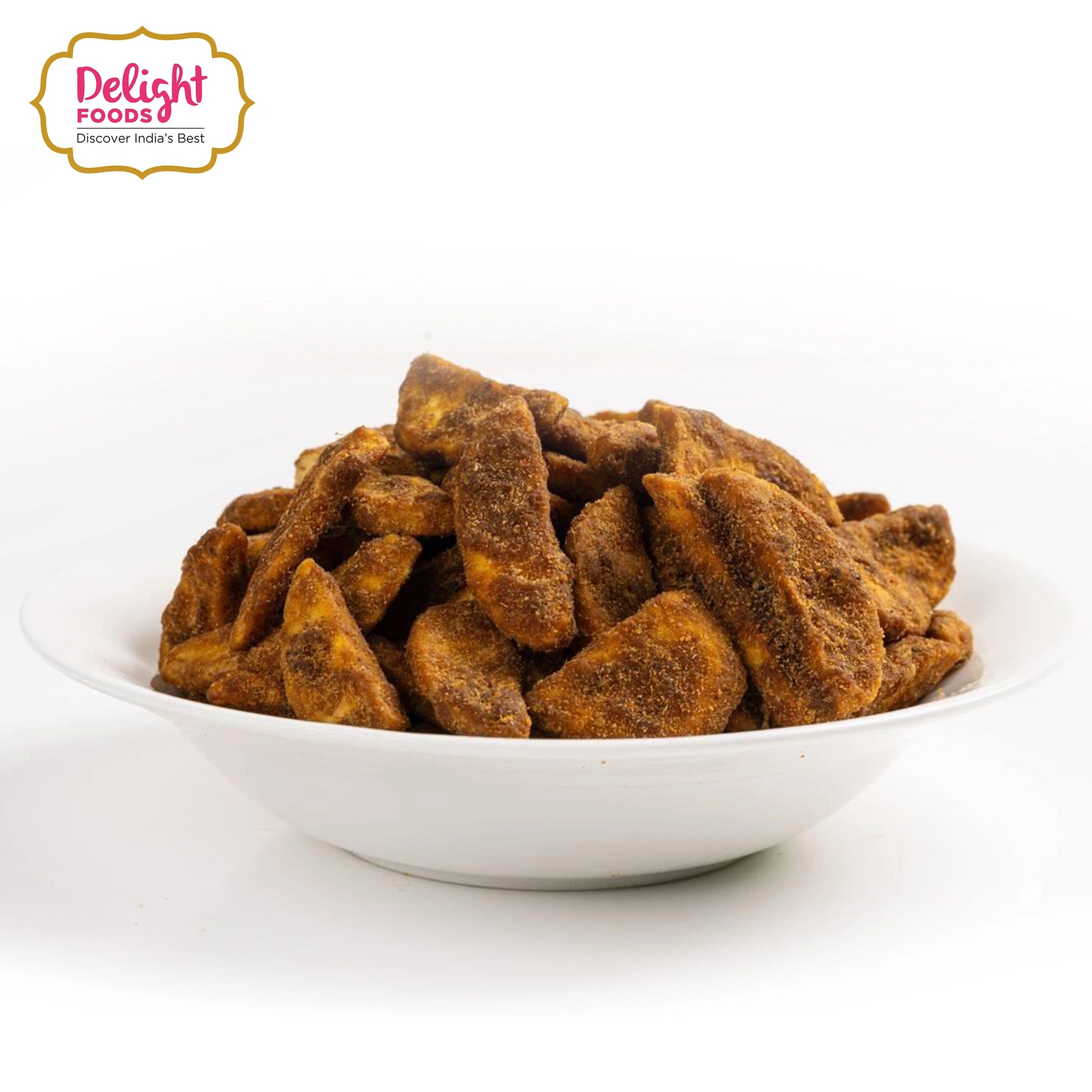 White bowl brown snack with 'Delight Foods' logo.