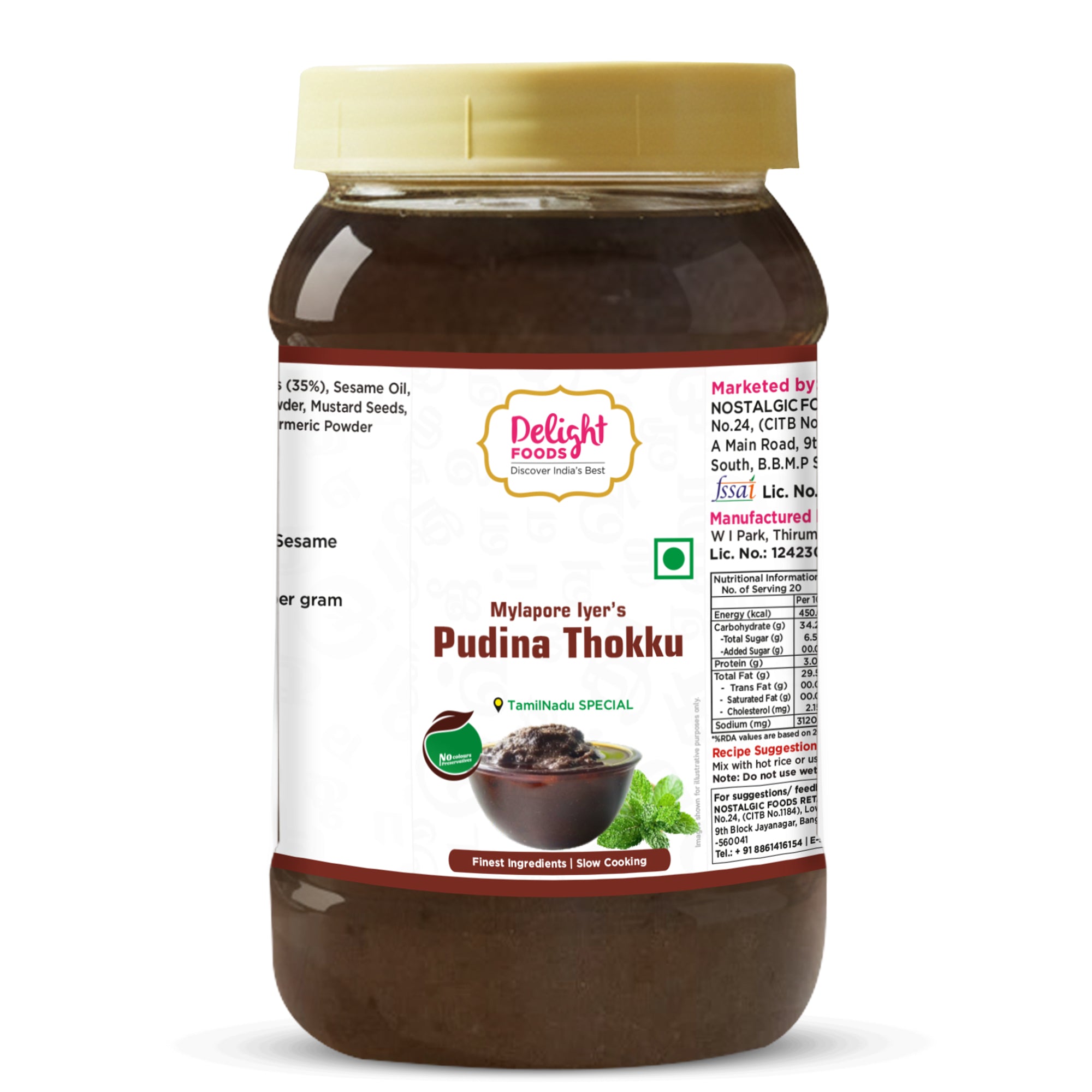 Jar of Pudina Thokku with Delight Foods label on a white background