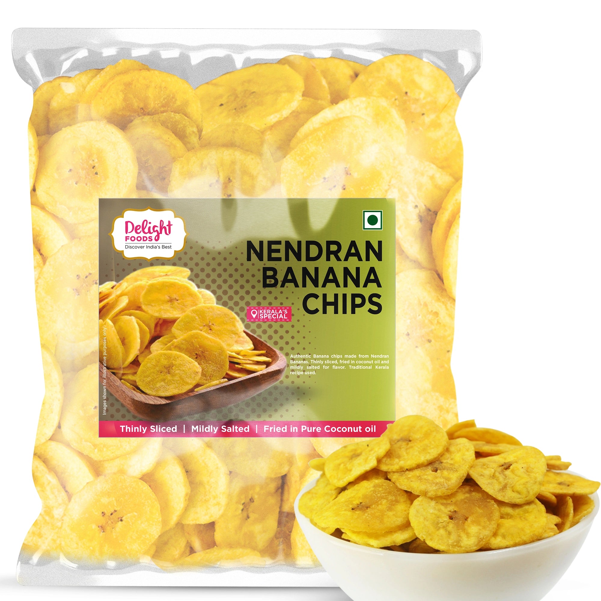 Packaged Nendran banana chips with Delight Foods