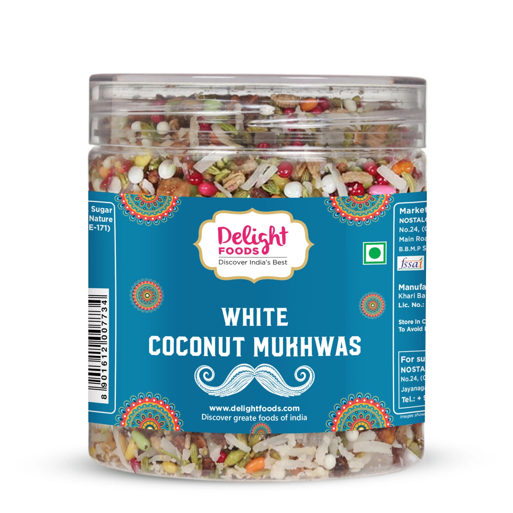 Jar of white coconut mukhwas with Delight Foods label on a white background
