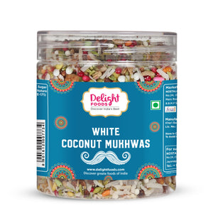 Jar of white coconut mukhwas with Delight Foods label on a white background