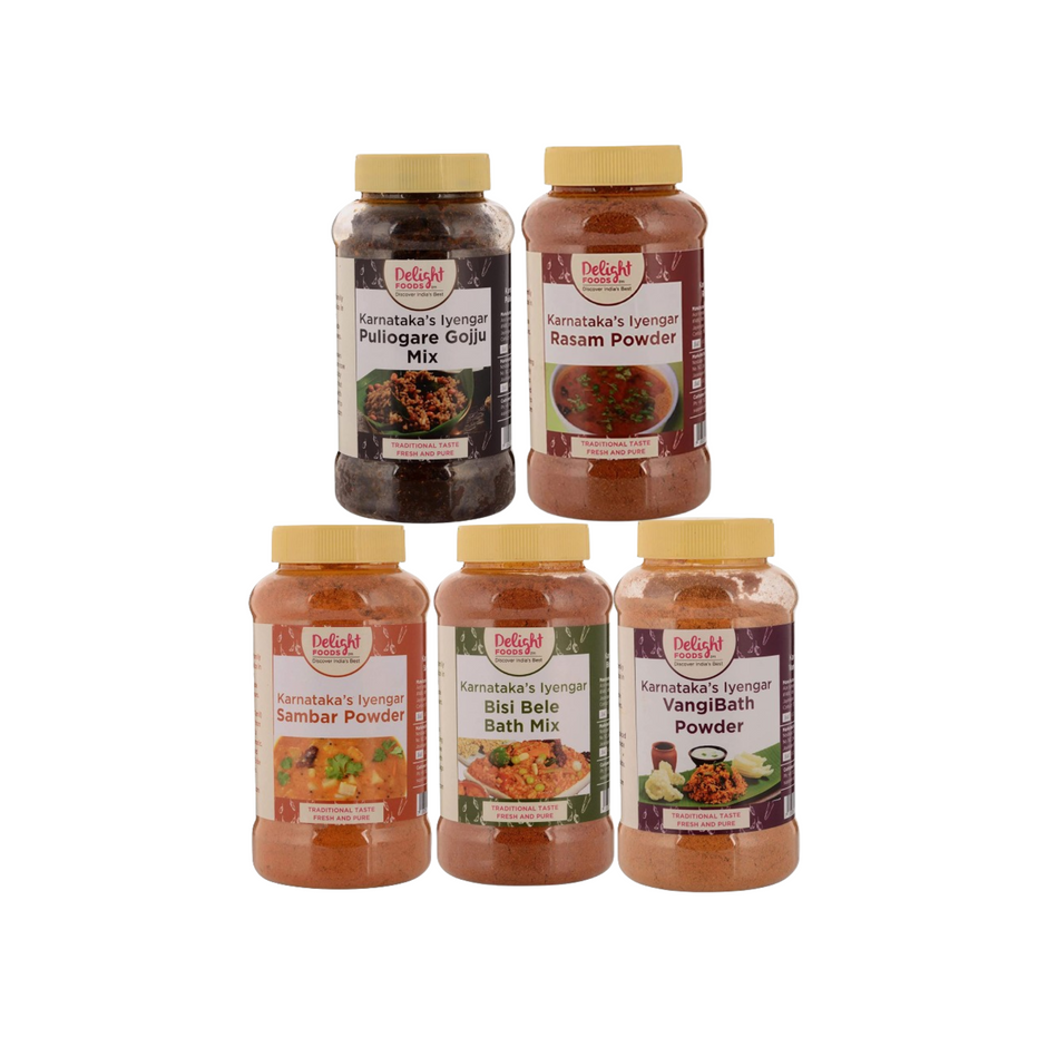 Sambar Masala + Rasam Masala + Bisibele Bath Masala + Vangibath Masala + Puliyogare Gojju - Delight Foods
