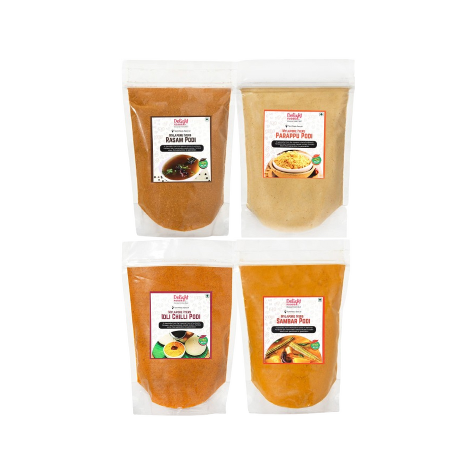 Idli chilli Podi + Parappu Podi + Sambar Podi + Rasam Podi - Delight Foods