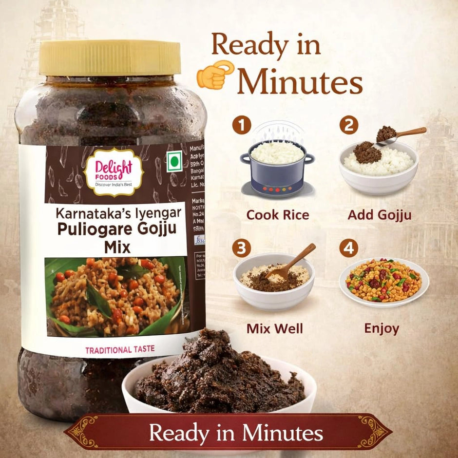 Jar of Karnataka Iyengar Puliogare Goju Mix with cooking instructions on a beige background
