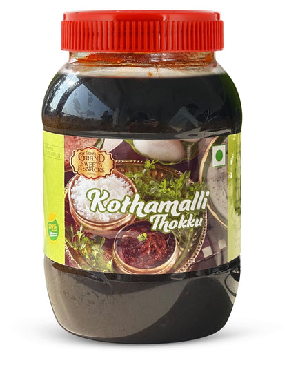 Jar of Kothamalli Thokku with a red lid on a white background