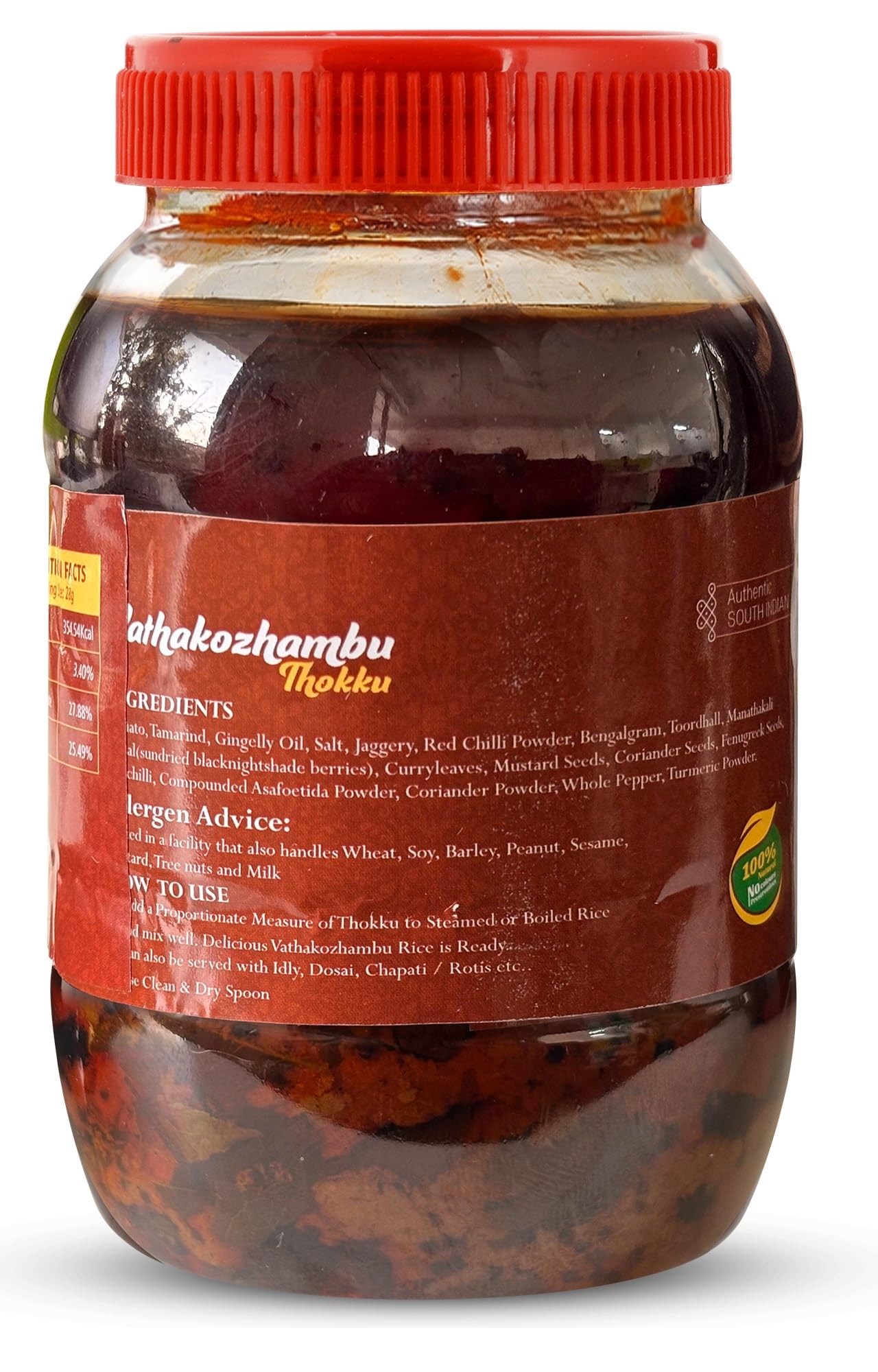 Jar of Atthakozhambu Thokku with a red lid on a white background