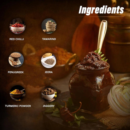 Ingredients for a pulliagore gojju spice mix displayed with a jar of the prepared mix on a dark background.