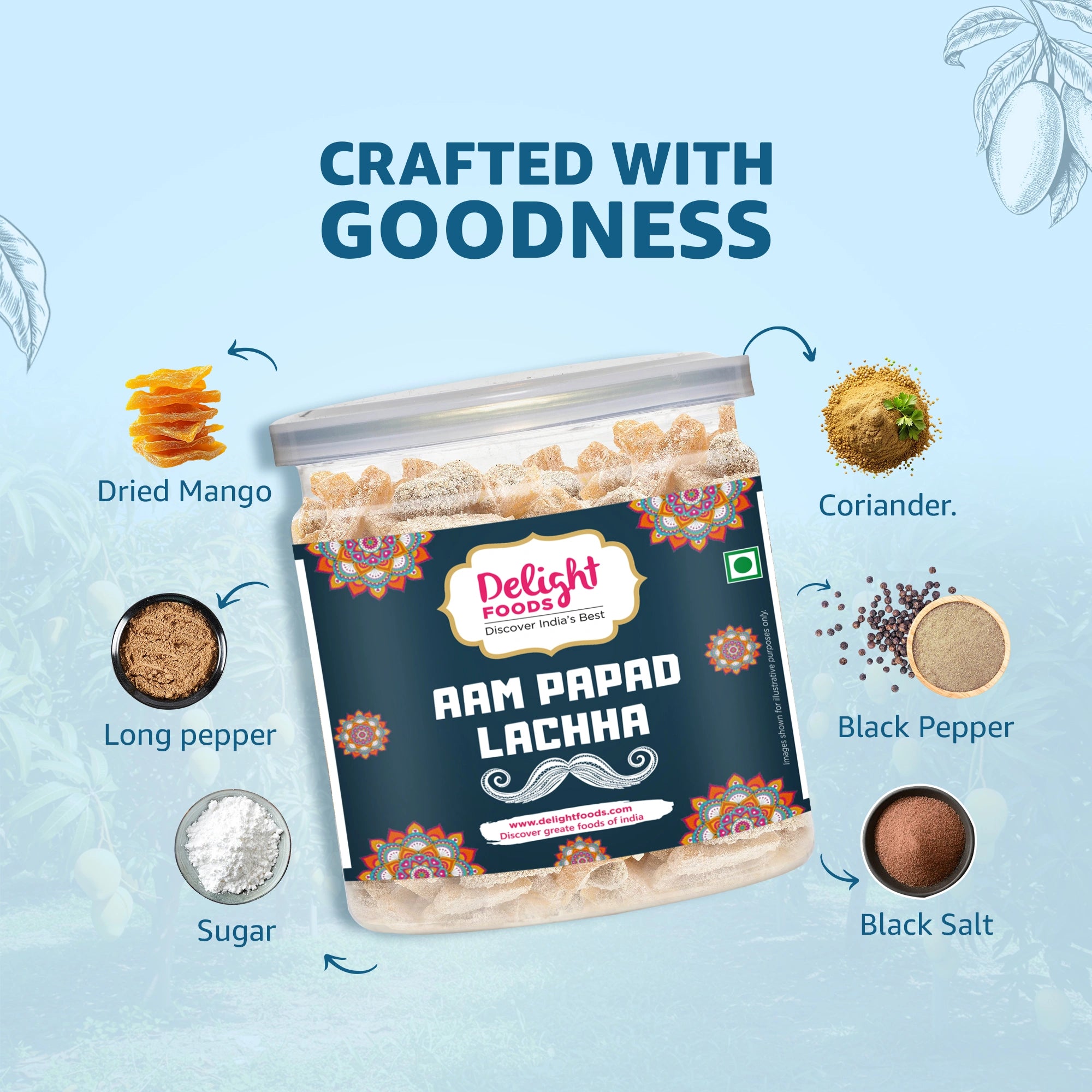Delight Foods Aam Papad Lachha packaging with ingredients on a light blue background