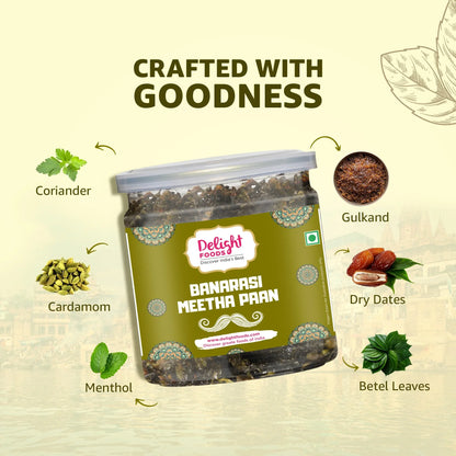 Jar of 'B Banarasi Meetha Paan' with ingredients listed on a beige background