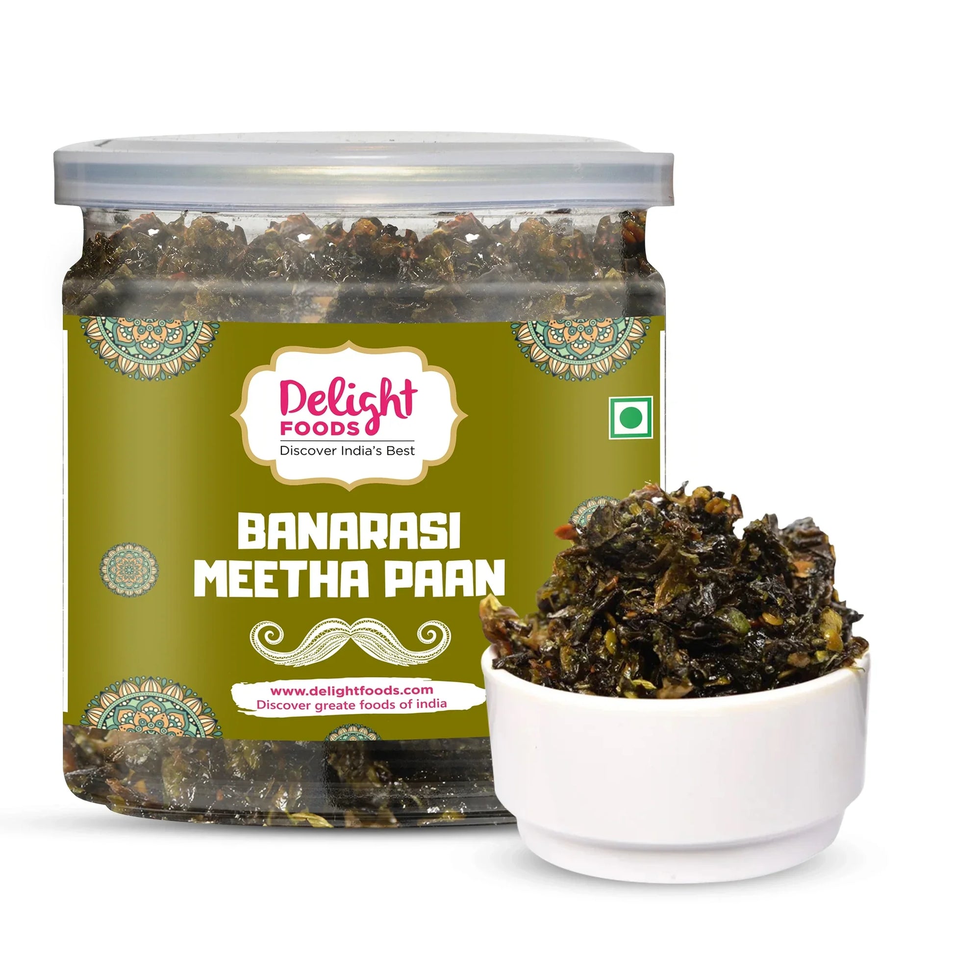 Jar of Banarasi Meetha Paan with Delight Foods label on a white background