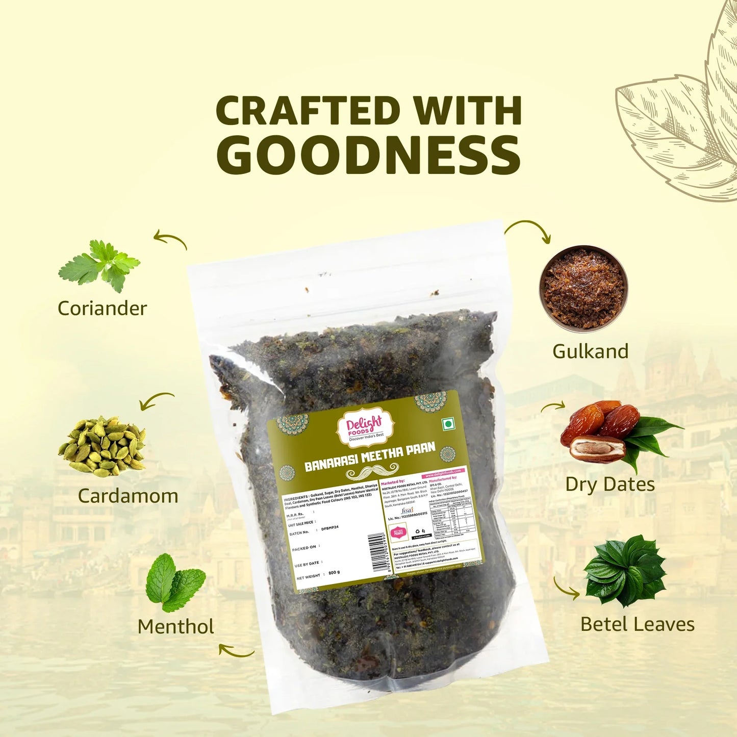 Packaged product with ingredients listed on a beige background