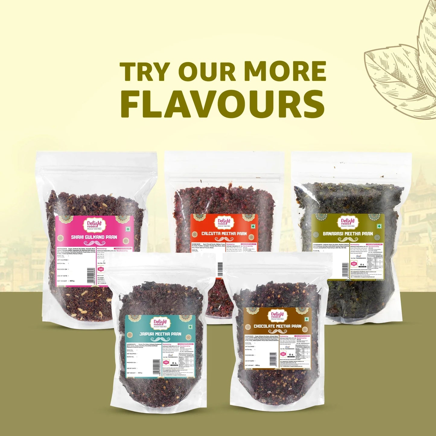 Packaged food items with labels on a beige background with text 'Try our more flavours'.
