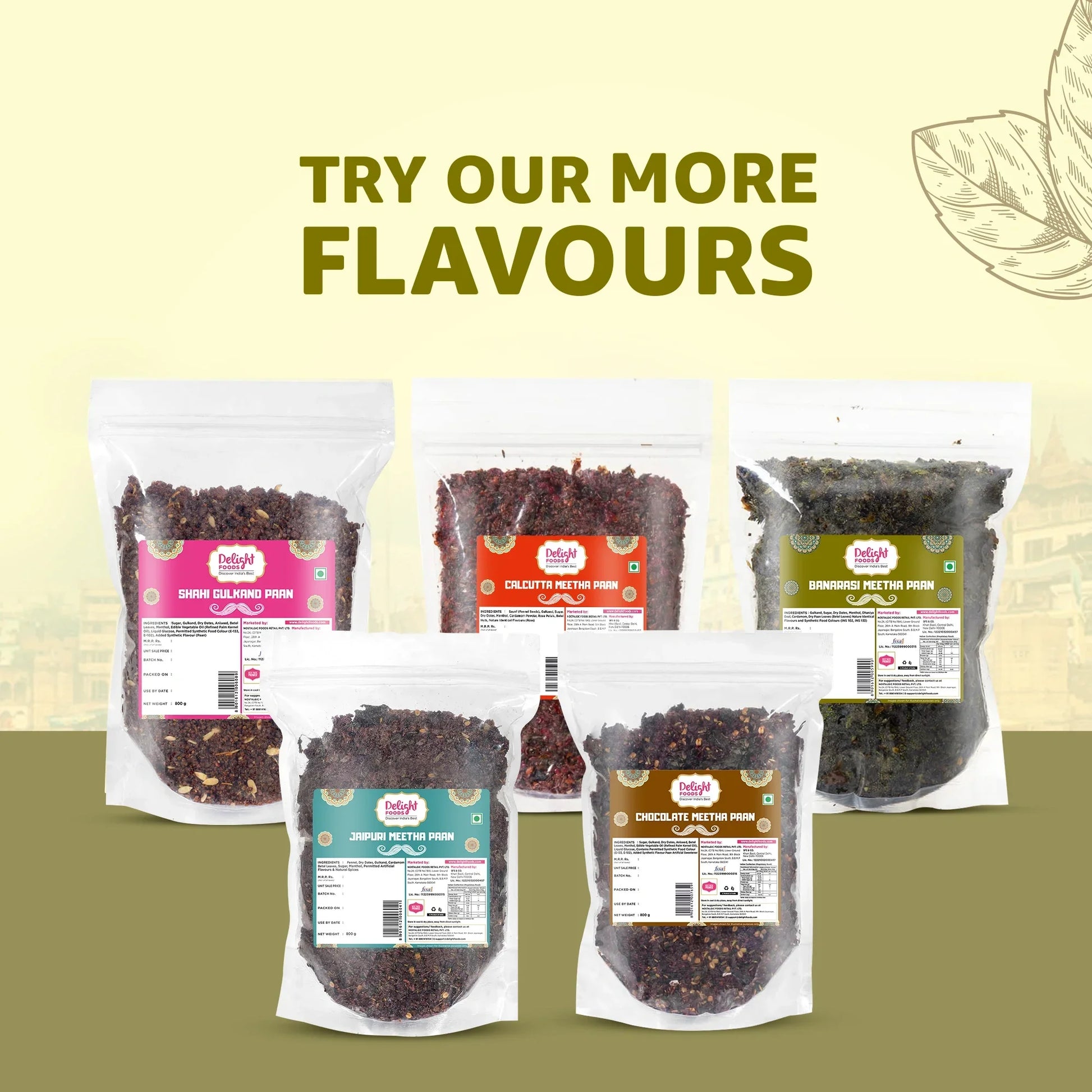Packaged food items with labels on a beige background with text 'Try our more flavours'.