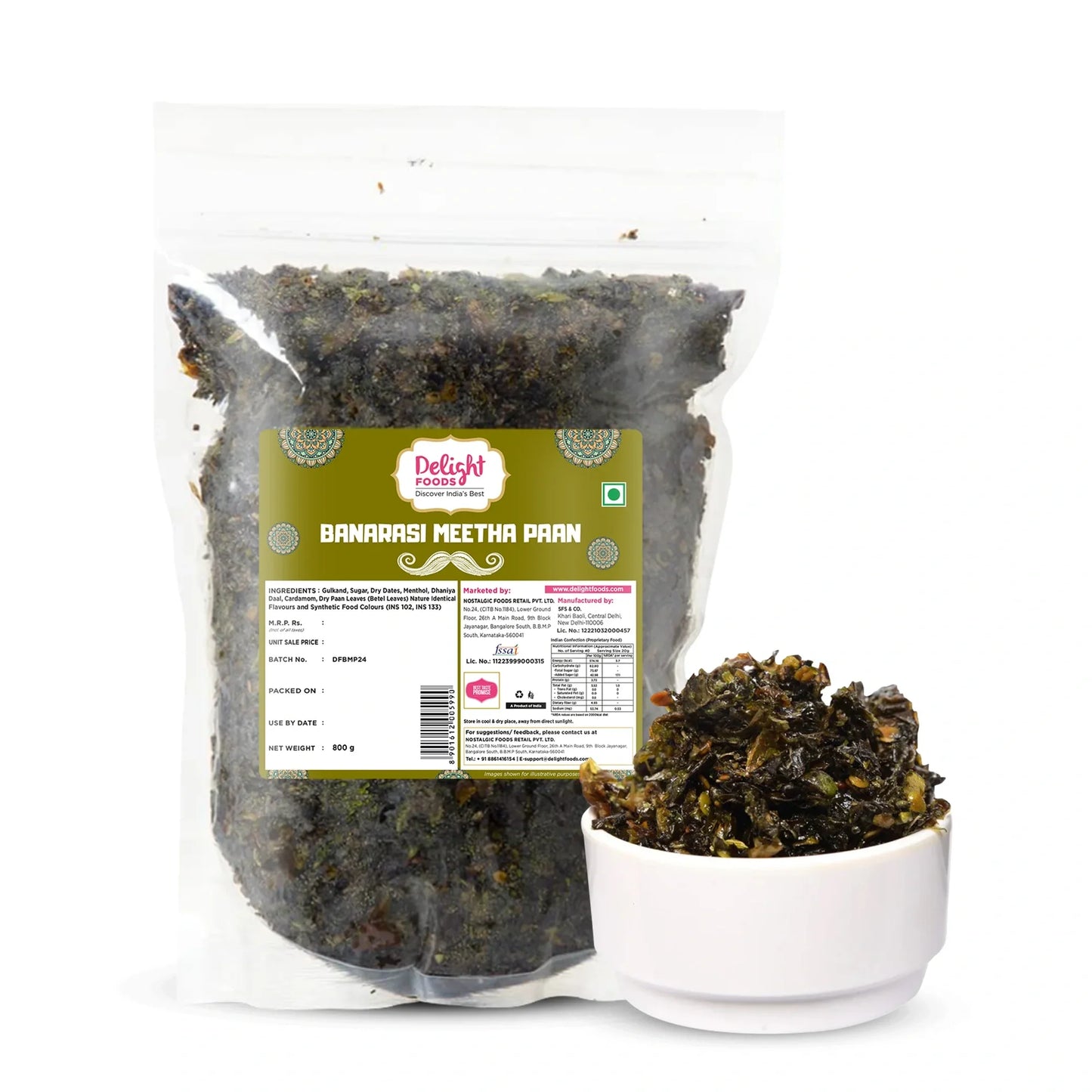 Packaged Banarasi Meetha Paan with a white bowl containing some of the product on a white background