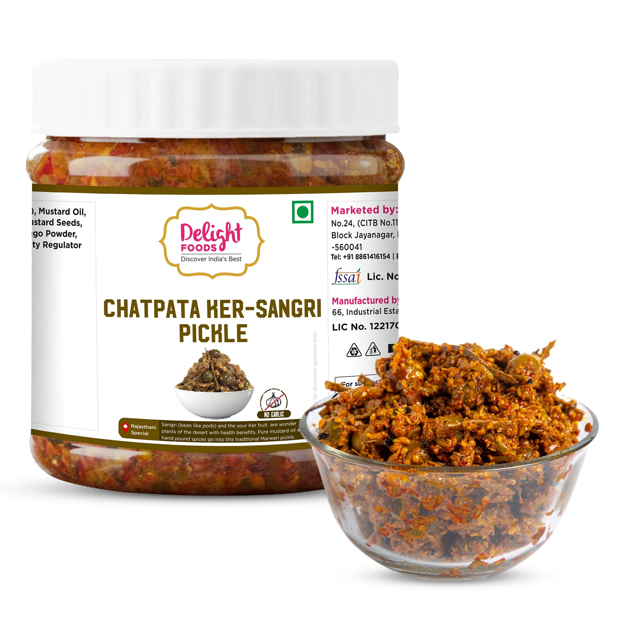 Jar of Delight Foods Chatpata Ker-Sangri Pickle with a bowl of pickle on a white background