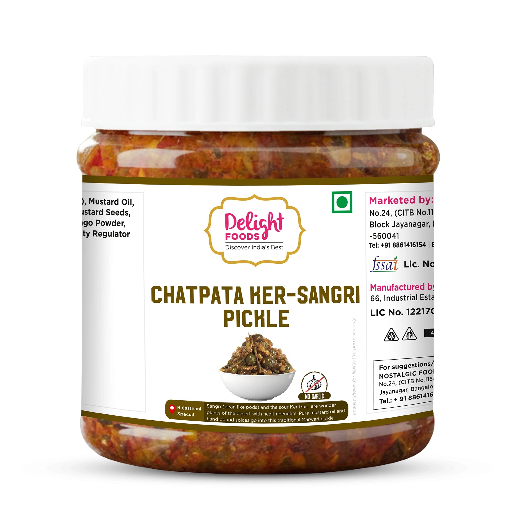 Jar of Delight Foods Chatpata ker-Sangri Pickle on a white background