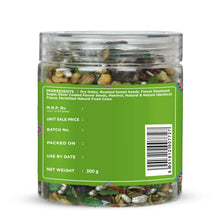Clear jar with green label containing ingredients and product details on a white background