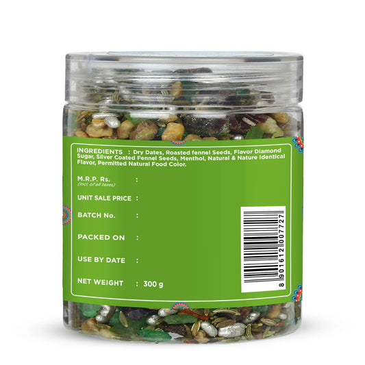 Clear jar with green label containing ingredients and product details on a white background