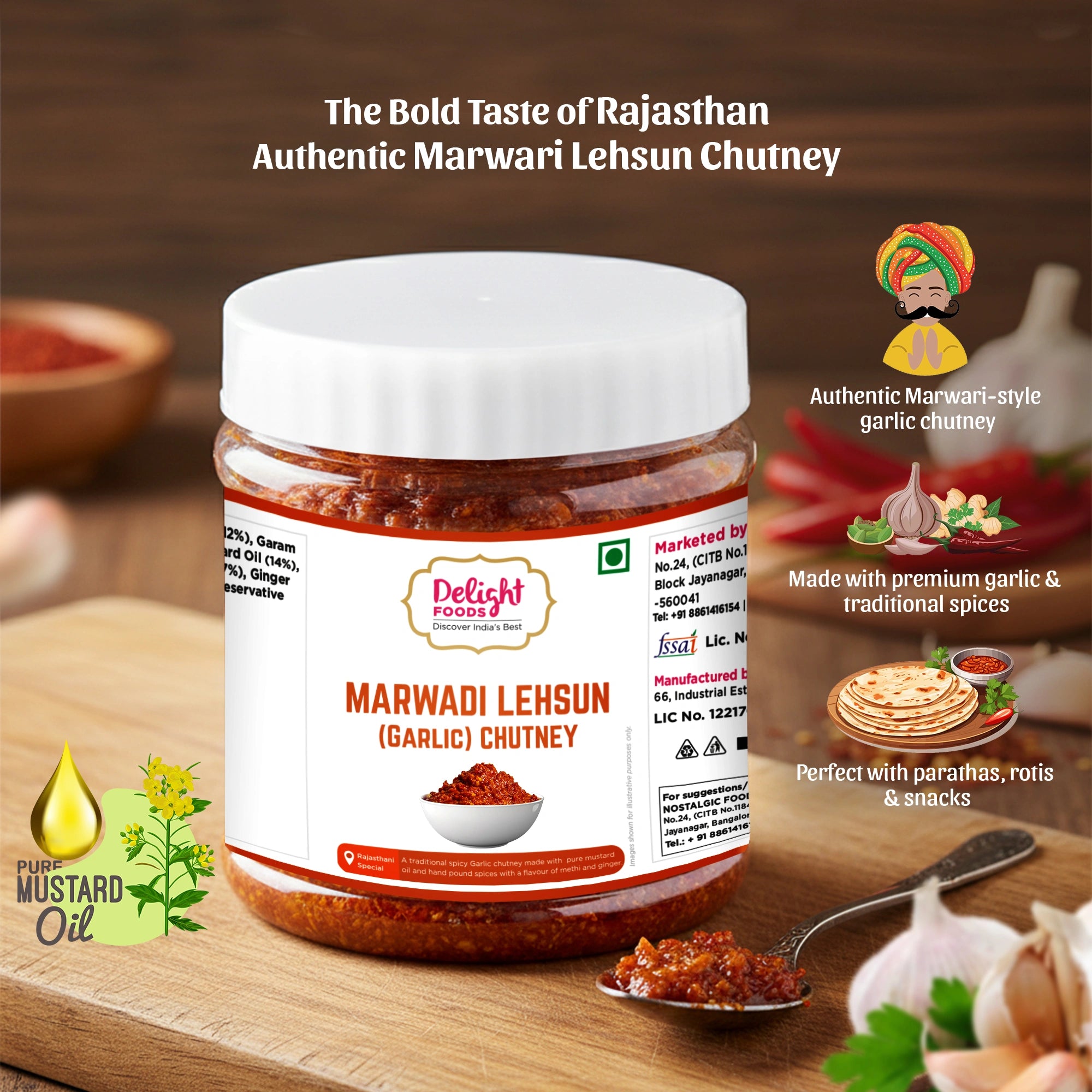 Jar of Marwari Lehsun Garlic Chutney with branding and product details on a wooden surface.