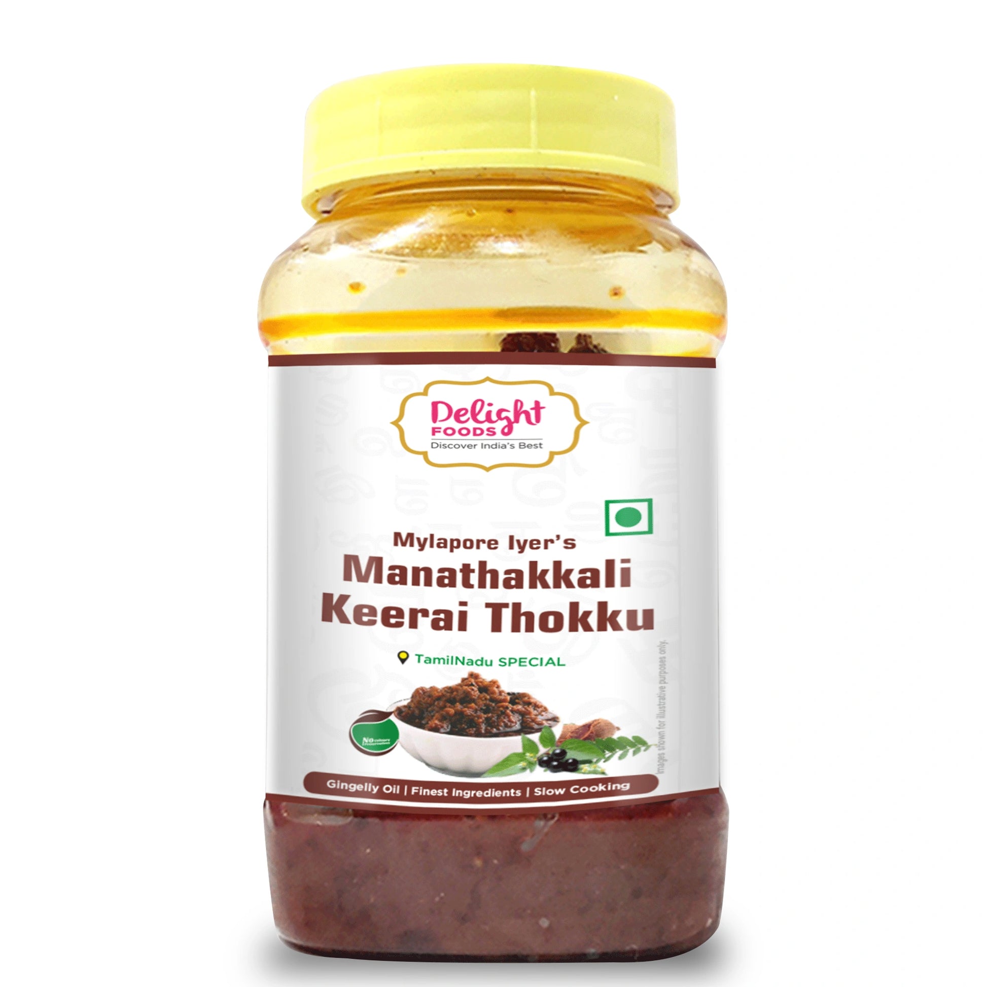 Jar of Delight Foods Manathakkali Keerai Thokku on a white background