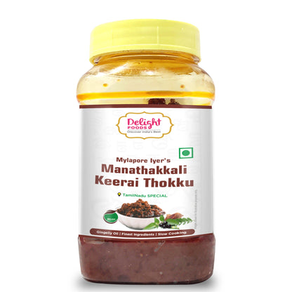 Jar of Delight Foods Manathakkali Keerai Thokku on a white background
