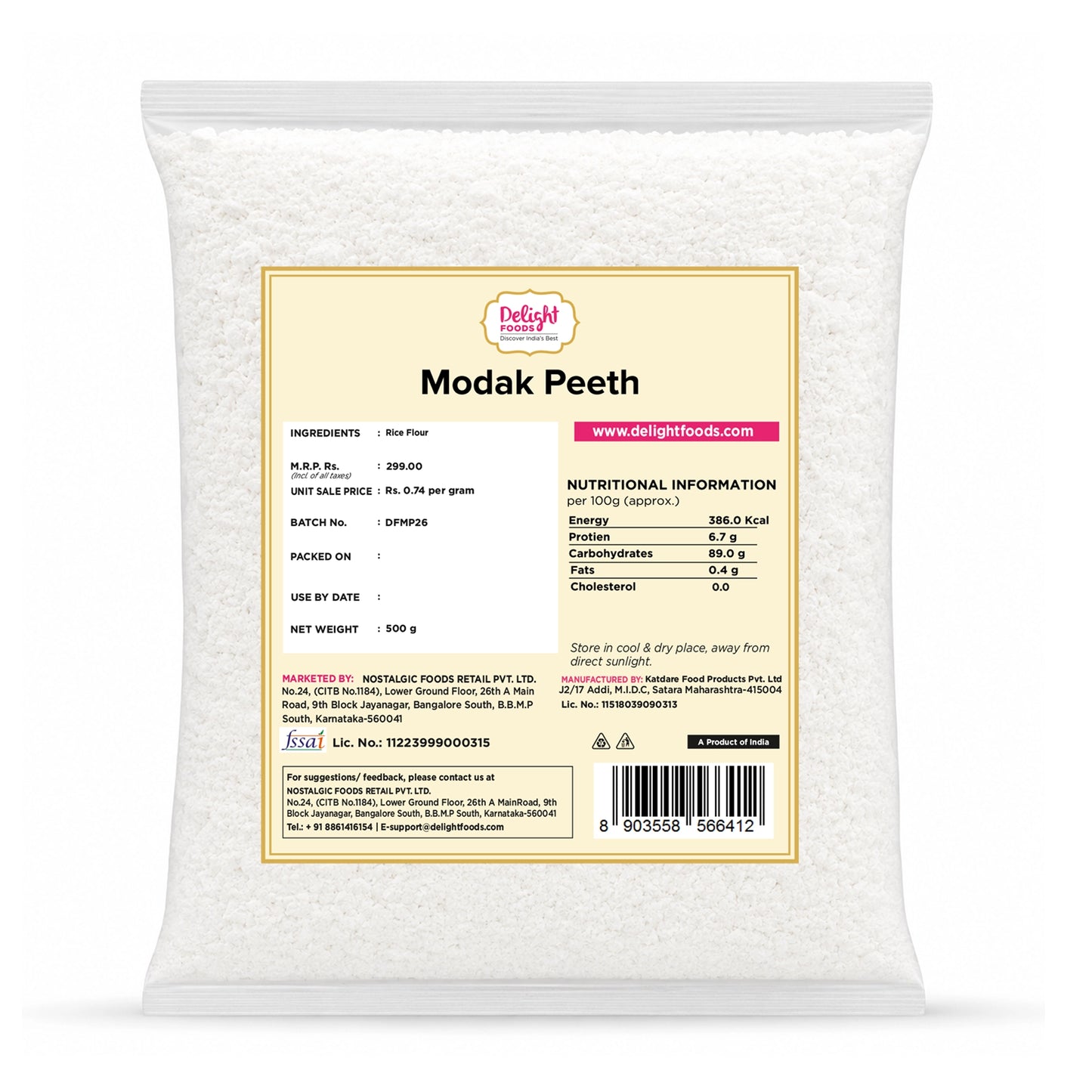 A 500g bag of Delhí Modak Peeths (flour) against a white background, featuring a detailed product label with nutritional information and brand details.