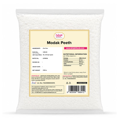 A 500g bag of Delhí Modak Peeths (flour) against a white background, featuring a detailed product label with nutritional information and brand details.