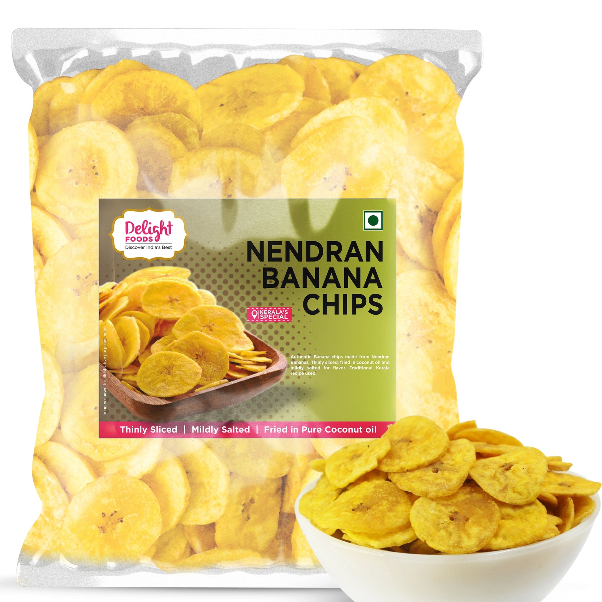 Packaged Nendran banana chips with Delight Foods branding 