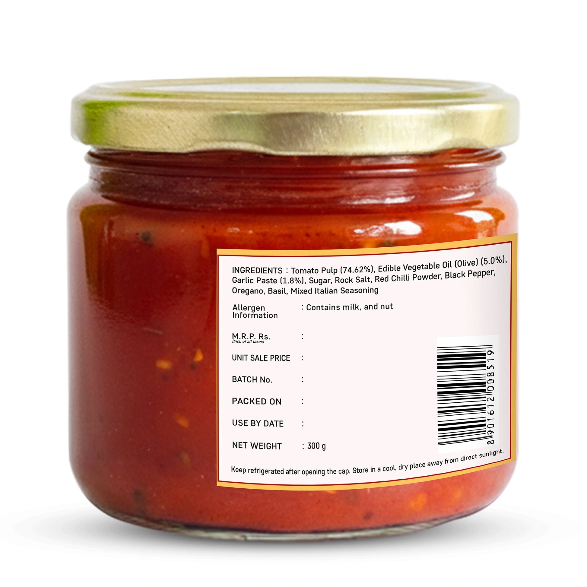 Jar of red sauce with a label on a white background