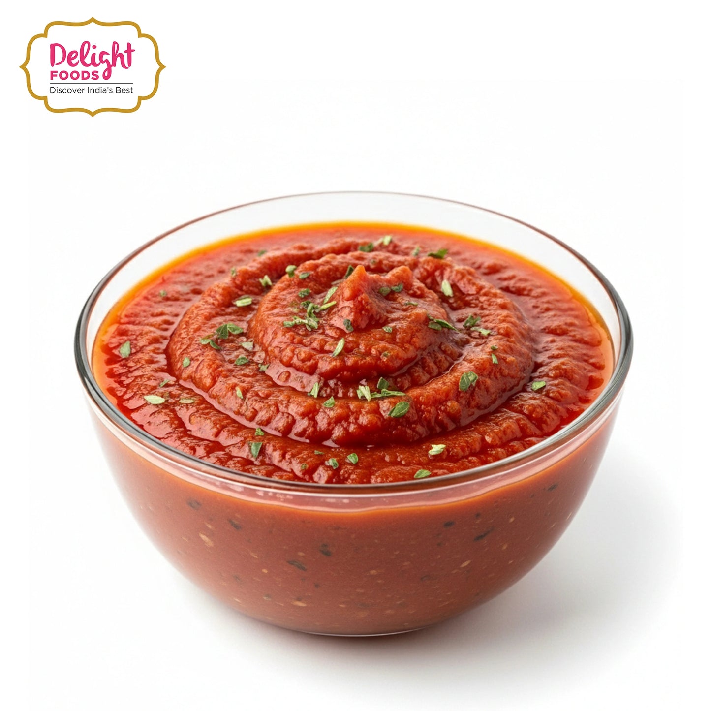Bowl of red sauce with herbs on a white background, featuring Delight Foods logo.
