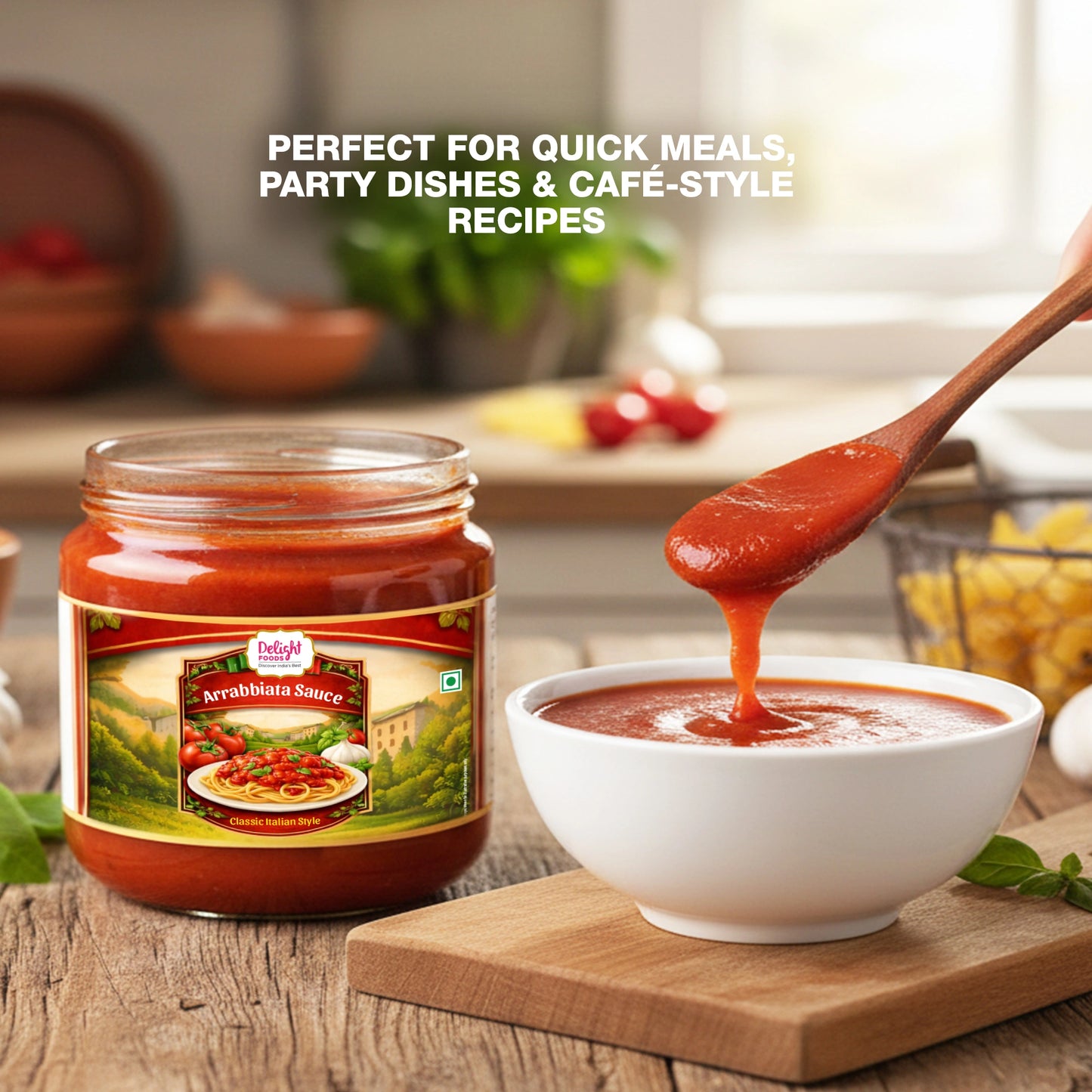 Jar of Delight brand sauce with a spoonful being poured into a bowl on a wooden surface.