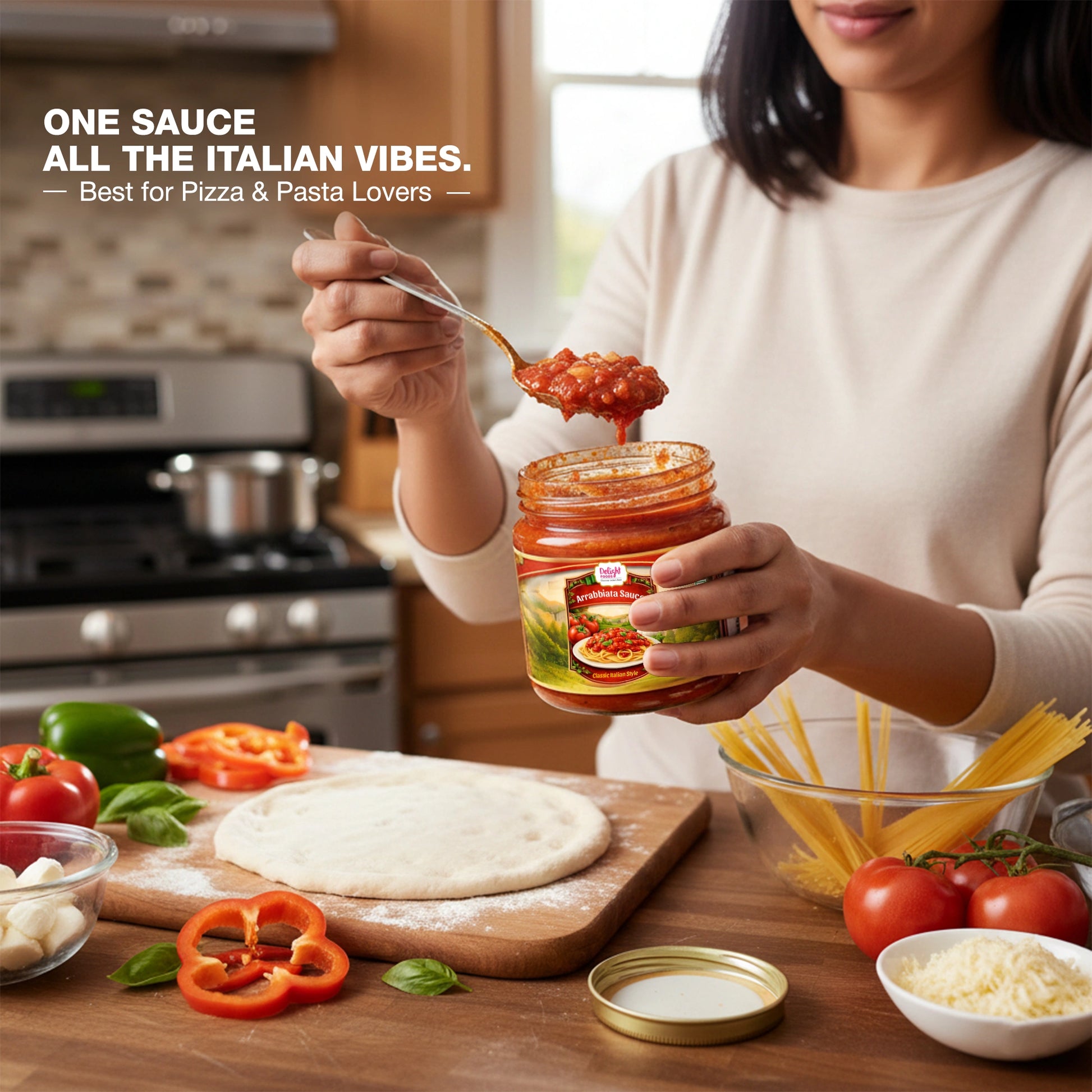 Person preparing pizza with jar of sauce in a kitchen setting
