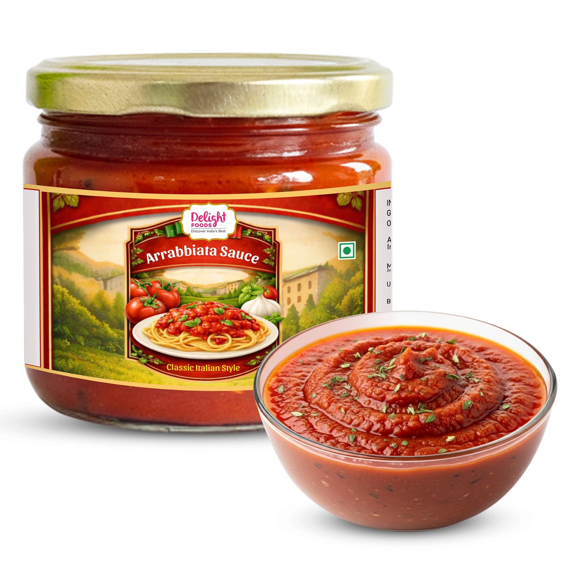 Jar of Arrabiata Sauce with a bowl of sauce on a white background