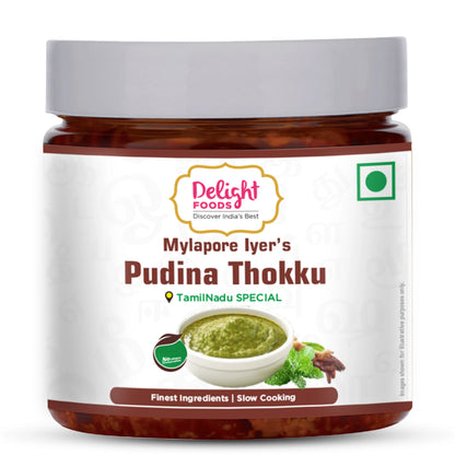 Jar of Delight Foods Mylapore Iyer's Pudina Thokku on a white background