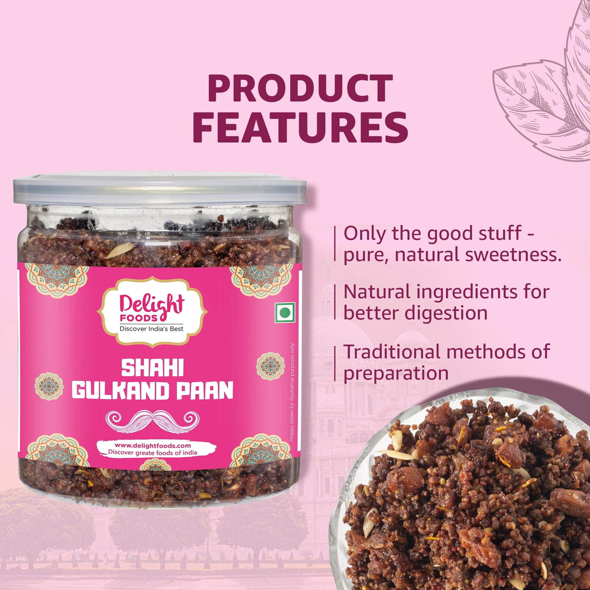 Jar of Shahi Gulkand Paan with Delight Foods label on a pink background