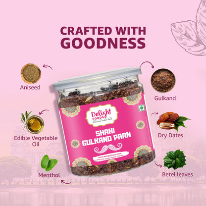 Shahi Gulab Paran packaging with ingredients on a pink background