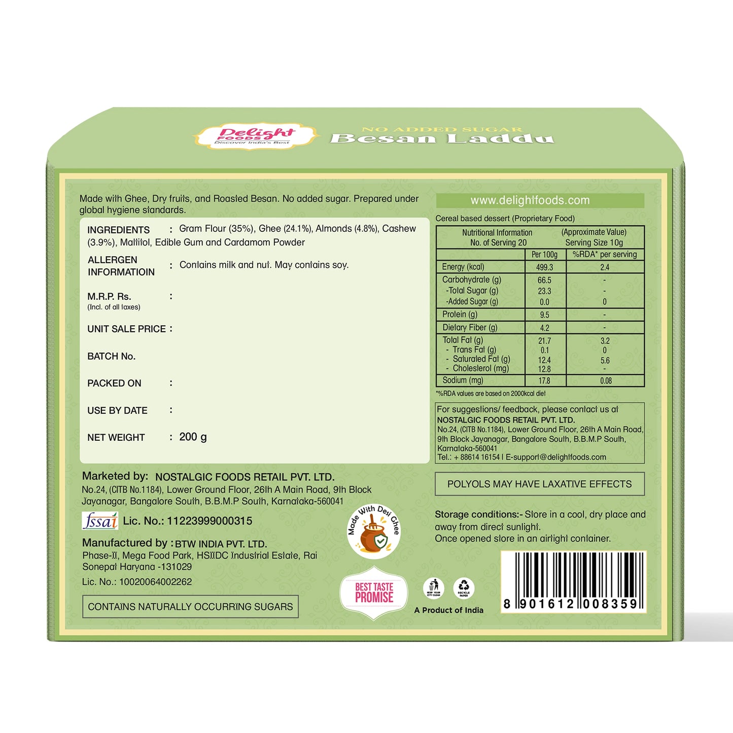 Back view of a green box packaging for Besan Laddu with text and nutritional information.