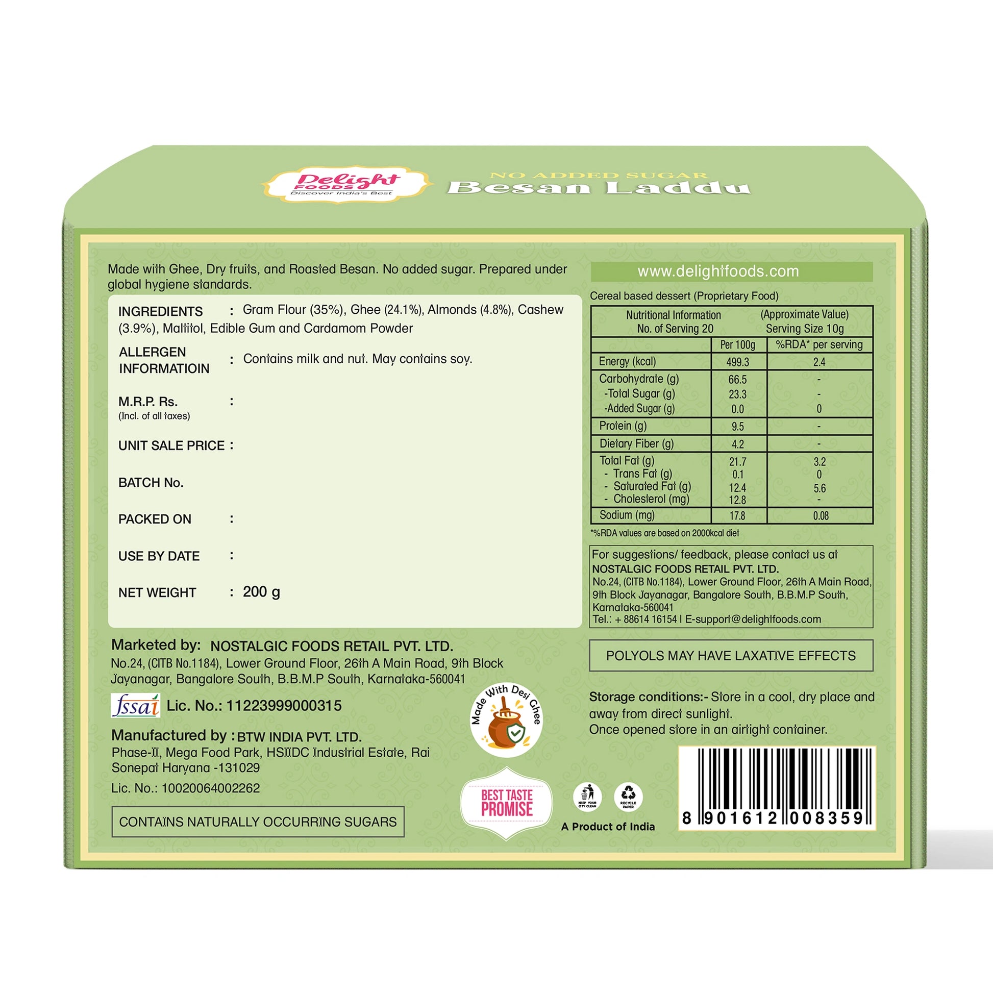 Back view of a green box packaging for Besan Laddu with text and nutritional information.