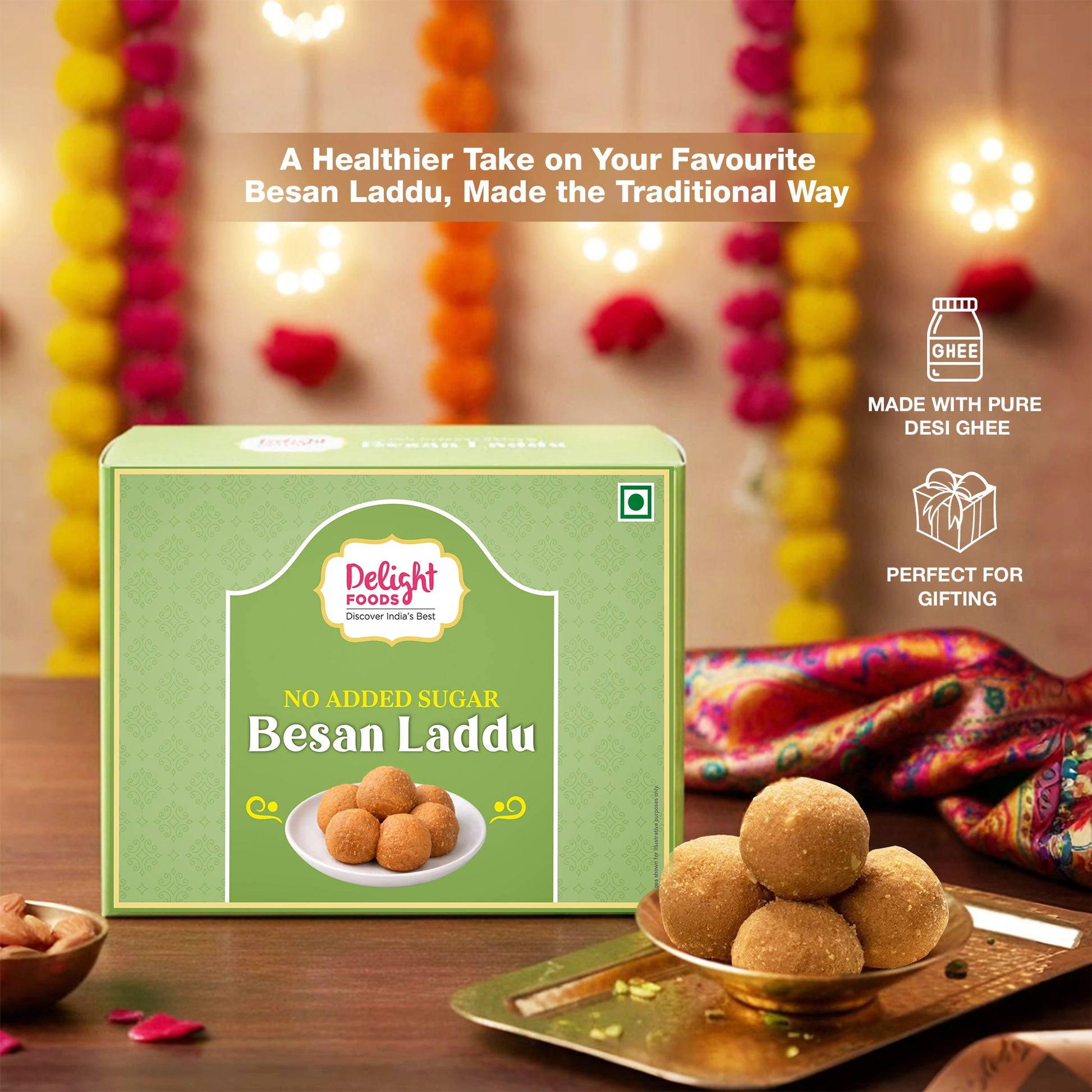 Box of Delight Food's No Added Sugar Besan Laddu with decorative background
