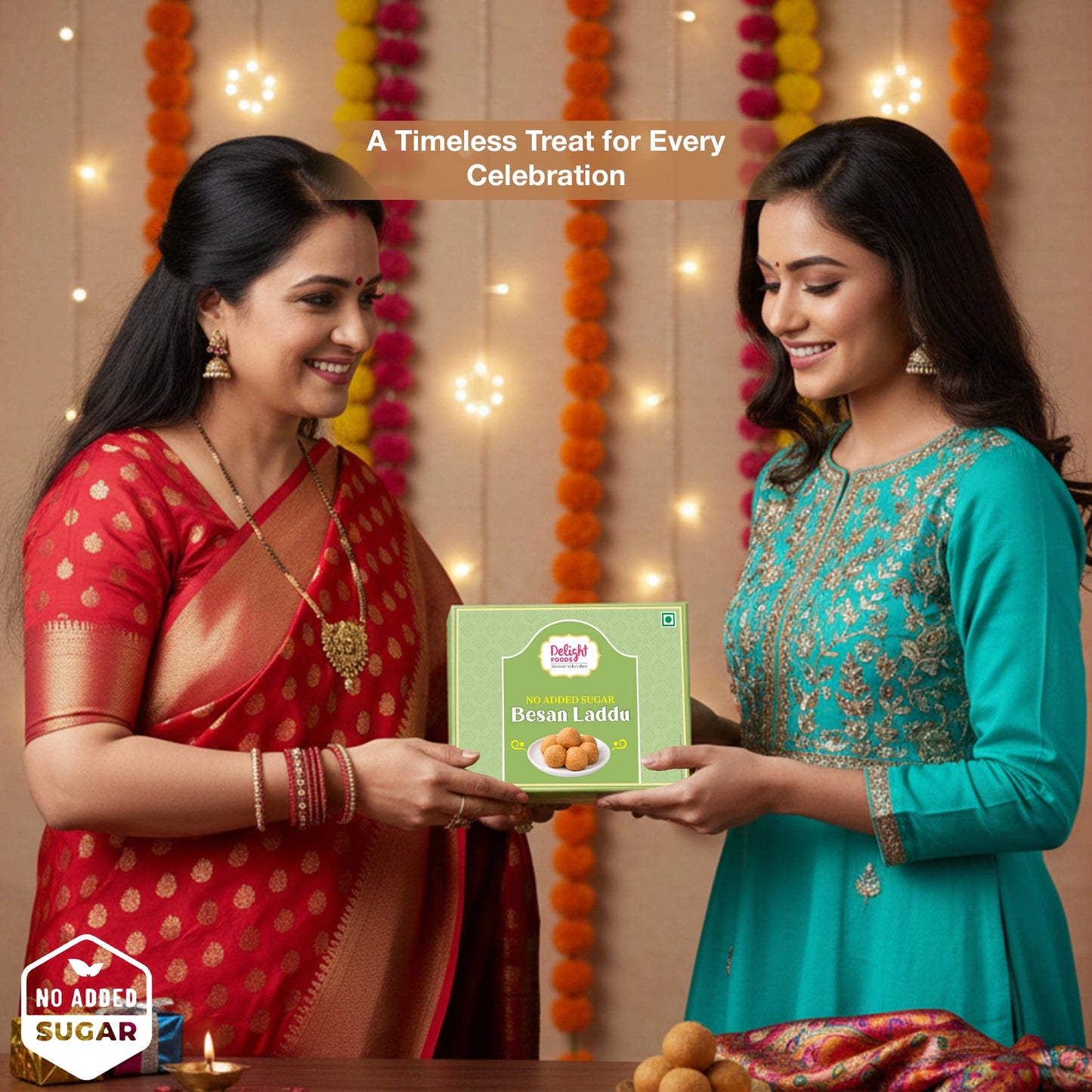 Two women exchanging a box of Besan Laddu with decorative lights and flowers in the background.