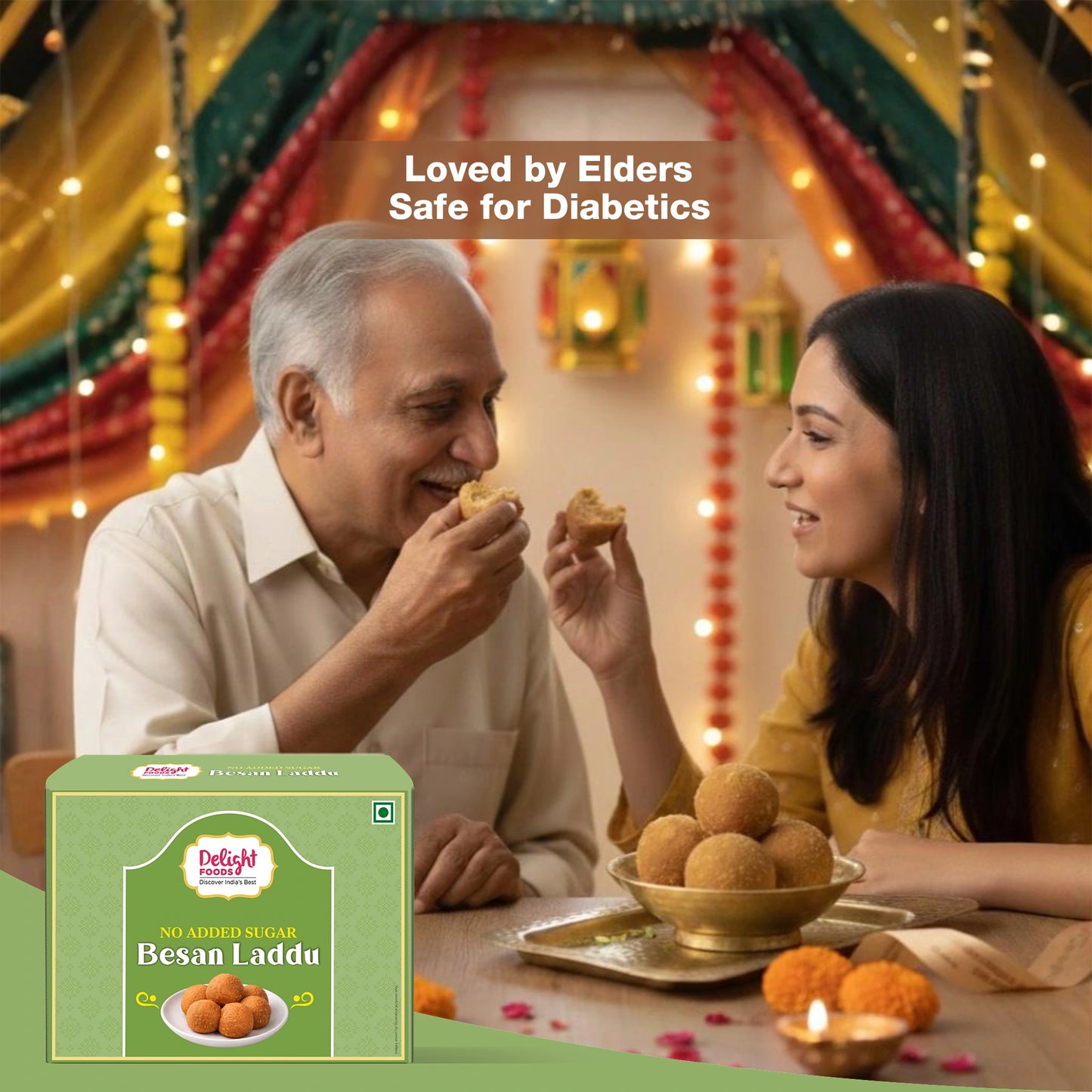 Man and woman enjoying Besan Laddu with a box of the product in the foreground, set against a festive background.