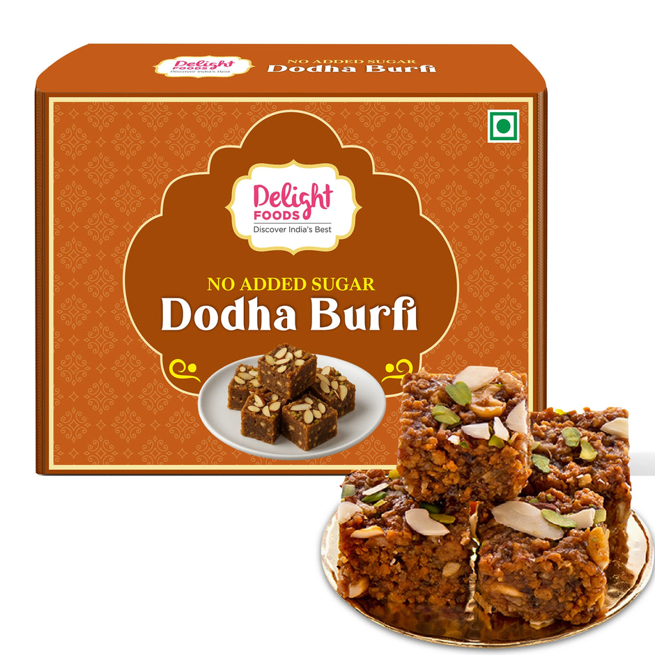 Box of Delight Foods No Added Sugar Dodha Burfi with a plate of burfi in front