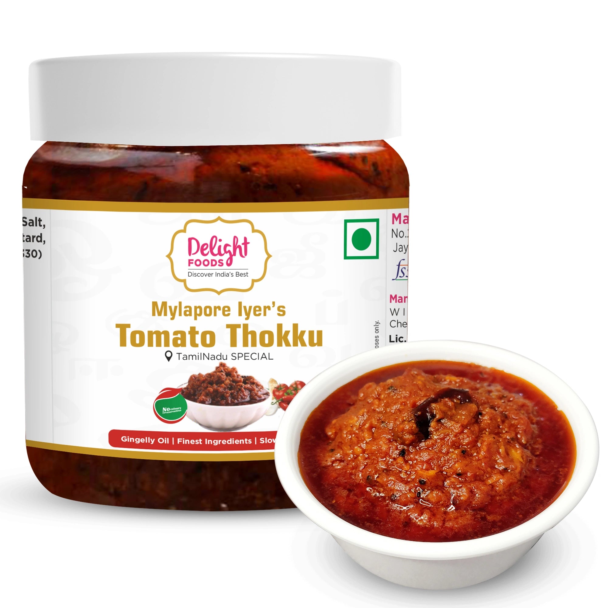 Jar of Delight Foods Mylapore Iyer's Tomato Thokku with a bowl of the product on a white background