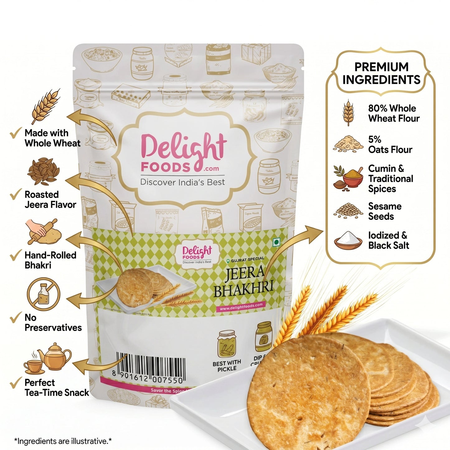 Delight Foods Jeera Bhakri packaging with product details and ingredients on a white background