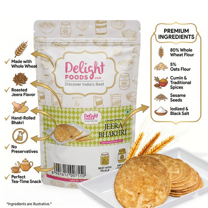 Delight Foods Jeera Bhakri packaging with product details and ingredients on a white background