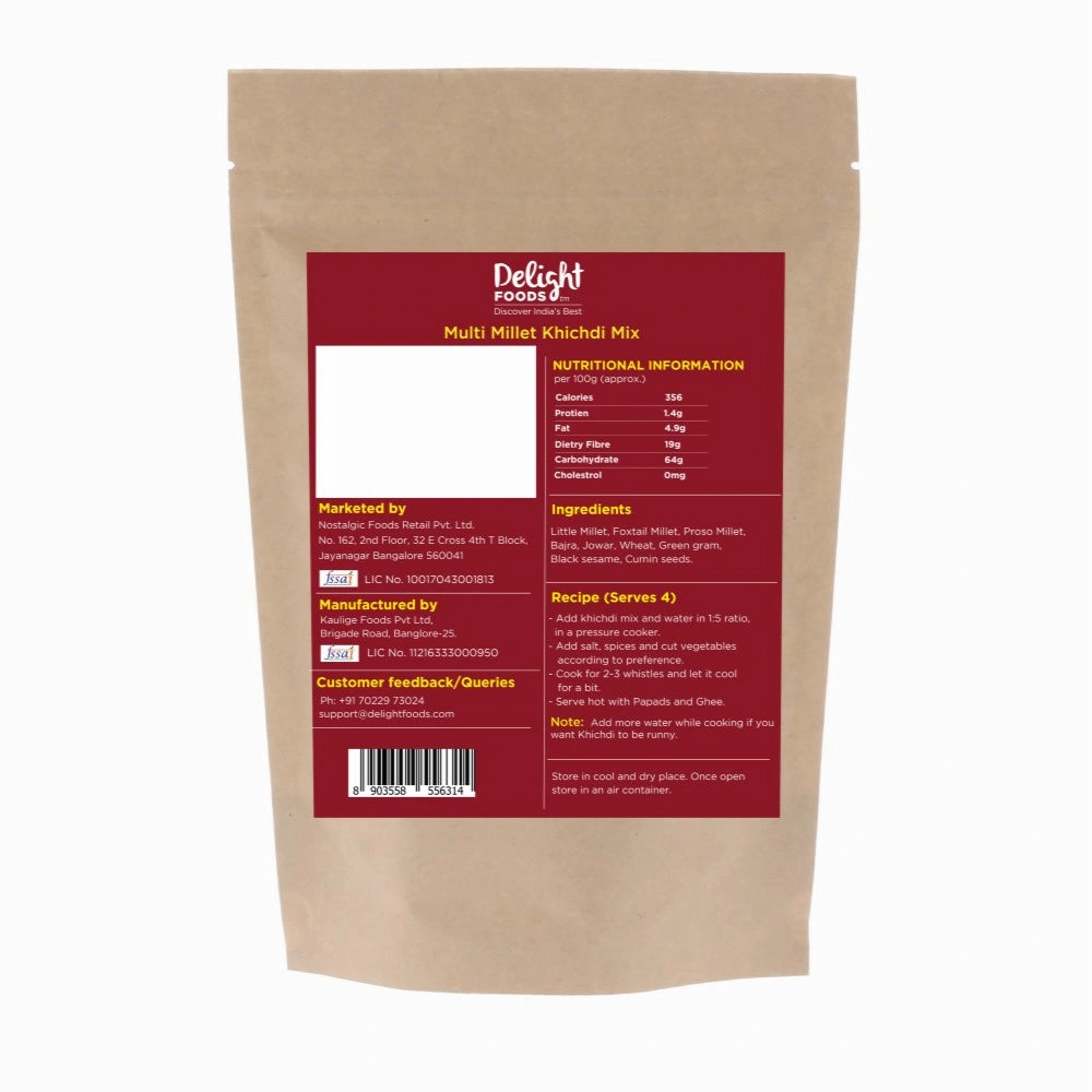 Kraft paper packaging with a red label for Delight Foods Multi Millet Khichdi Mix on a white background